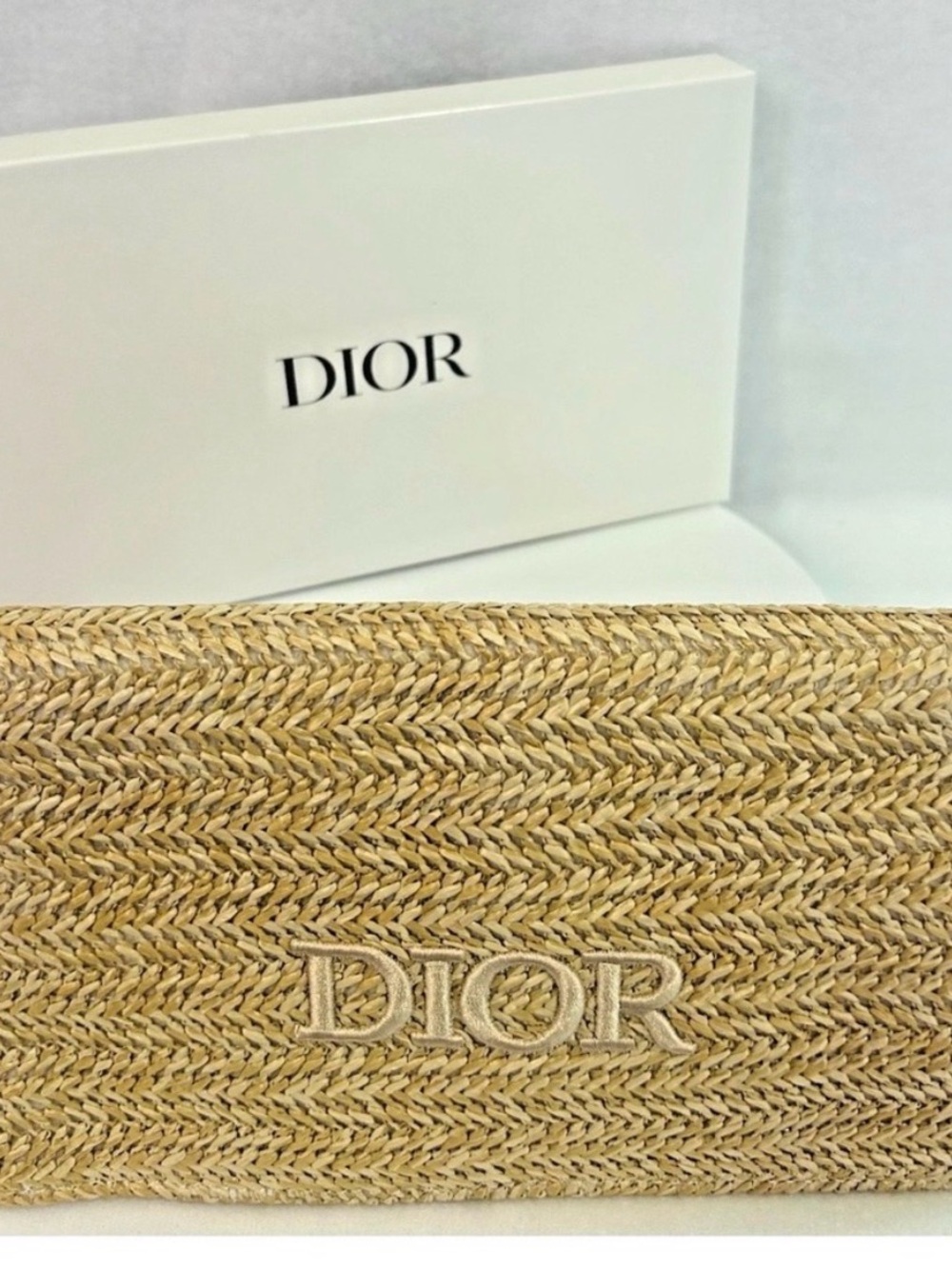 Dior Natural Beige Woven Raffia Clutch with Embroidered Logo